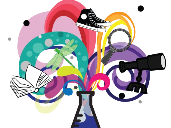 Fusion camp graphic of a science beaker exploding with activities