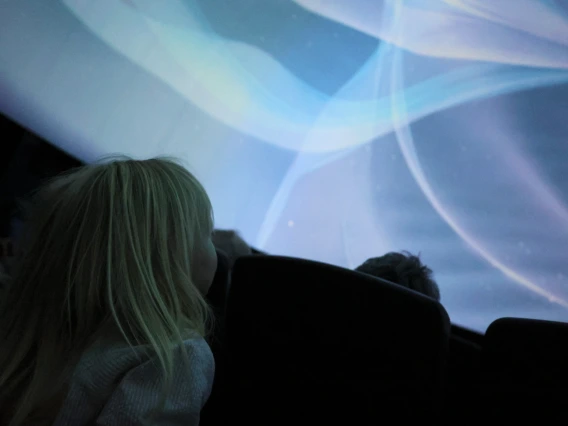 Child kid girl looks up at planetarium